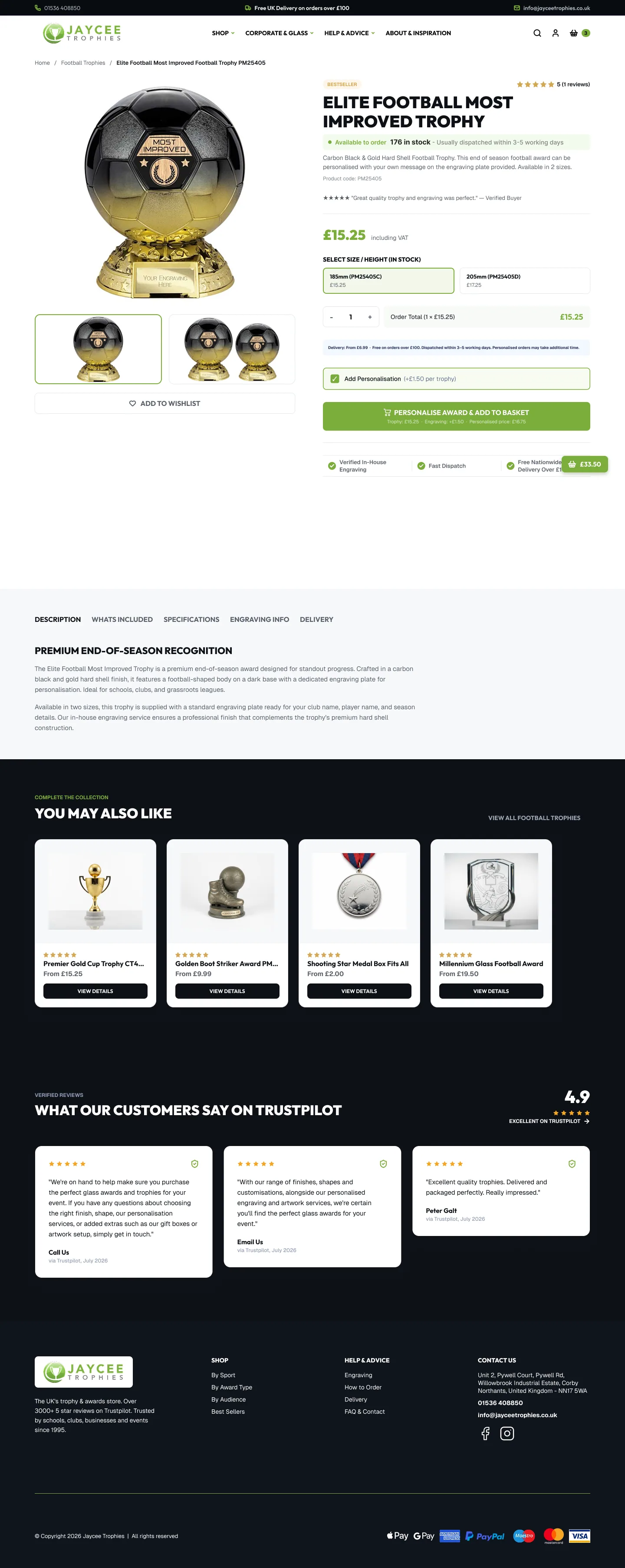 Jaycee Trophies: Product and personalisation